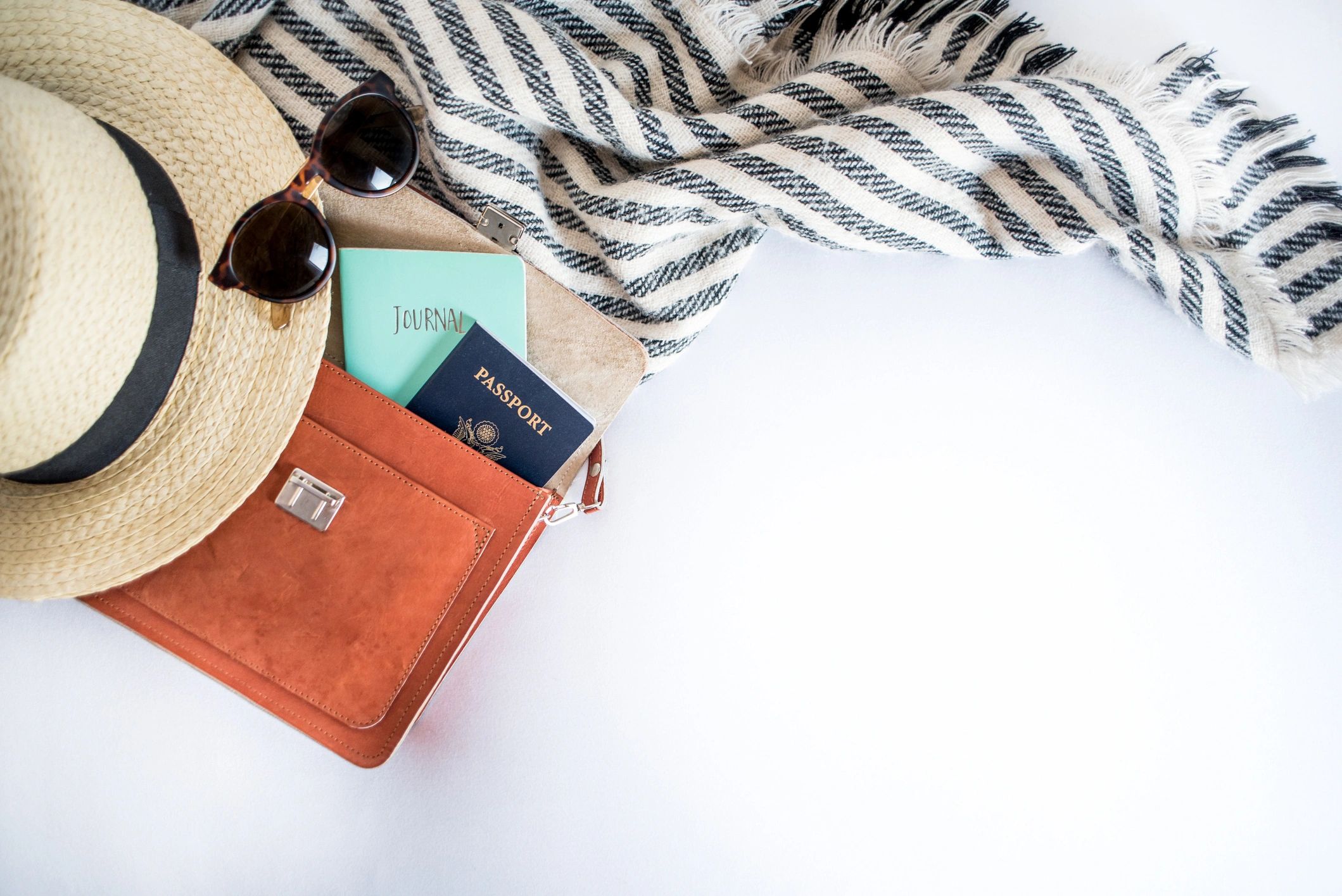 Travel planning flat lay with magazine, camera, and travel essentials